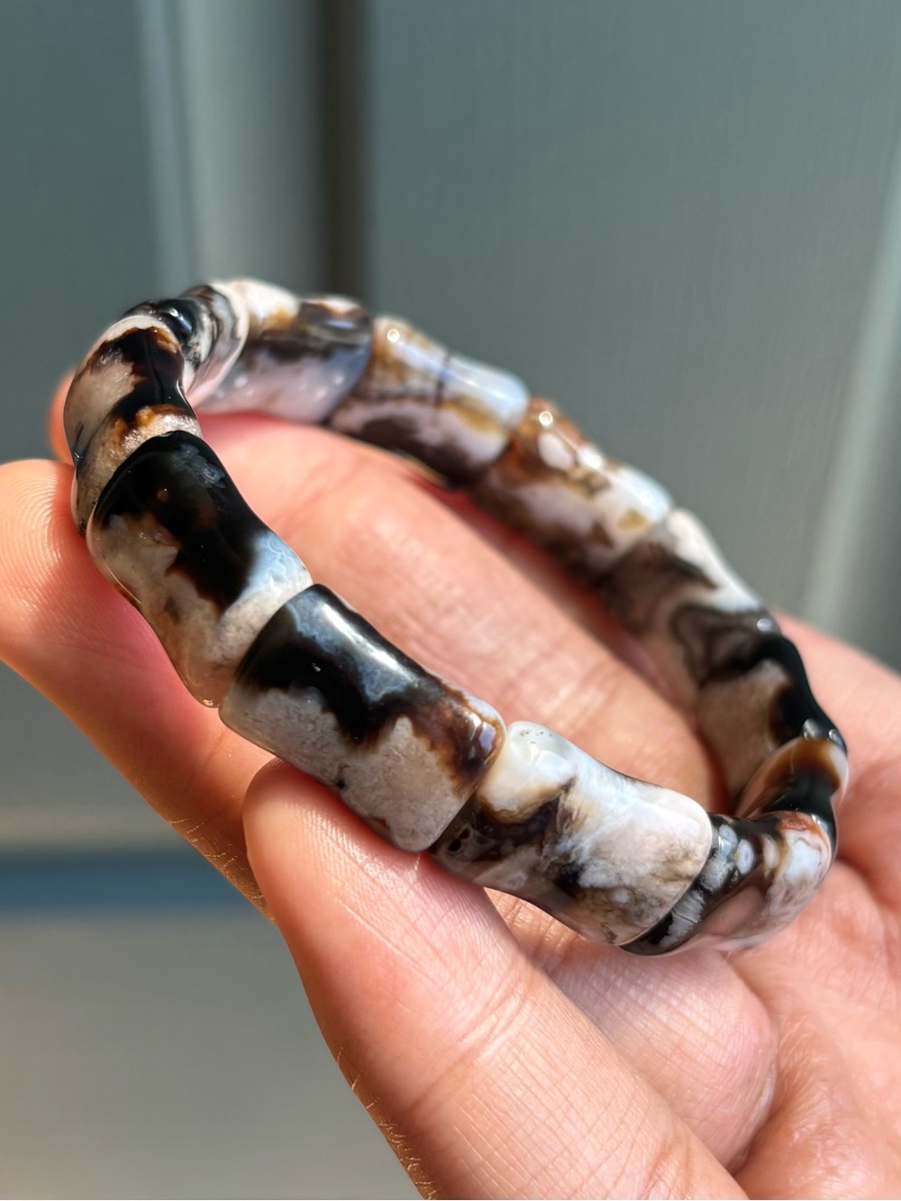 Black Flower Agate Crystal Bangle Bracelet 12.5mm - Picture 4 of 10